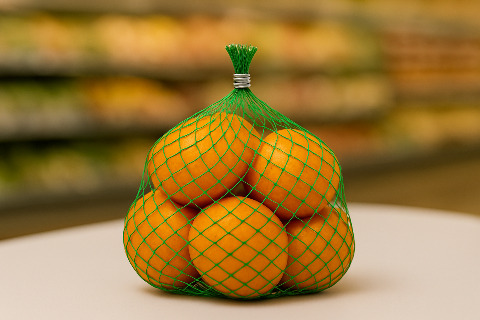 Saco de rede com laranjas fechado por grampo de alumínio, pronto para exposição em varejo hortifrúti.