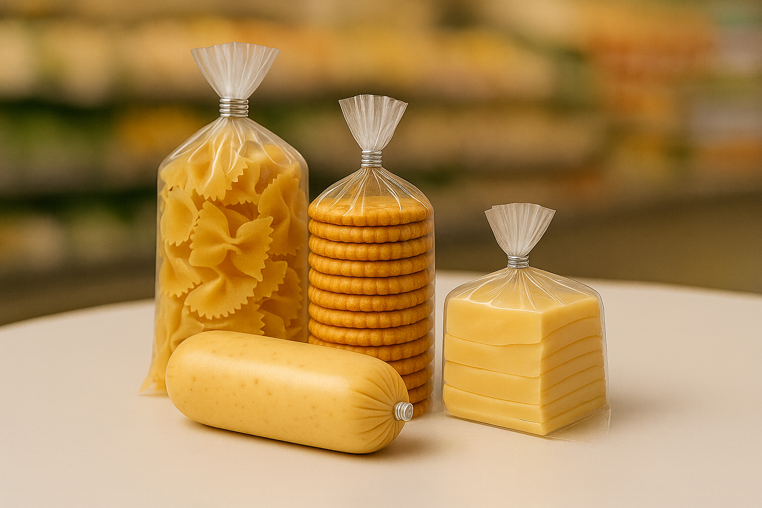 Pacotes de macarrão, biscoitos e queijos selados com grampo de alumínio, organizados sobre uma mesa.